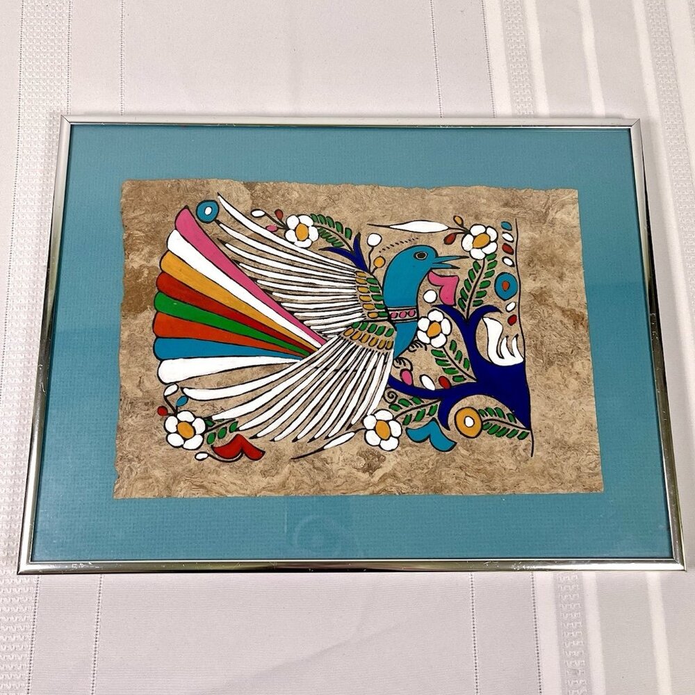 Mexican Folk Art Bird Painting on Amate Bark Paper Framed Vintage Colorful Boho